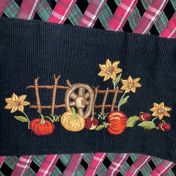 Vintage Vest Womens 16 Black Corduroy Red Lattice Fall Harvest 90s Waistcoat - Picture 5 of 13